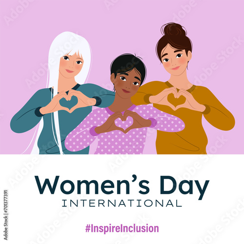 Inspireinclusion. 2024 International Women's Day square banner. Cartoon women showing sign of heart with their hands. Design for poster, campaign, social media post. Vector illustration, background.