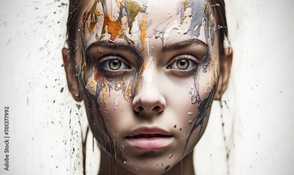 Surreal portrait of a contemplative young woman with a face artistically disintegrating into splashes and strokes of paint