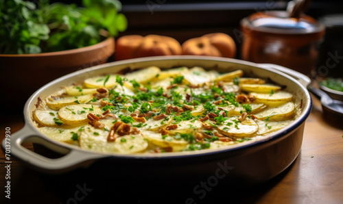 Homemade Golden Brown Potato Gratin in a White Ceramic Dish on a Wooden Table by the Window, Freshly Baked and Garnished with Herbs