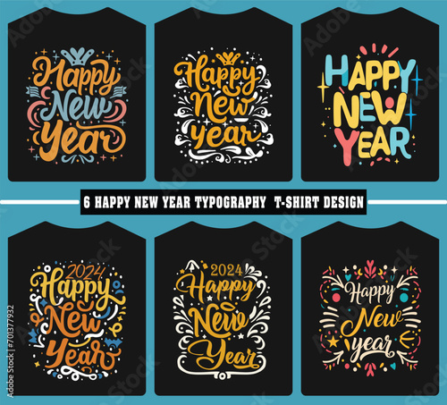 Happy New Year T-Shirt Design Bundle, 
2024 New Design, typography design (ID: 701377932)