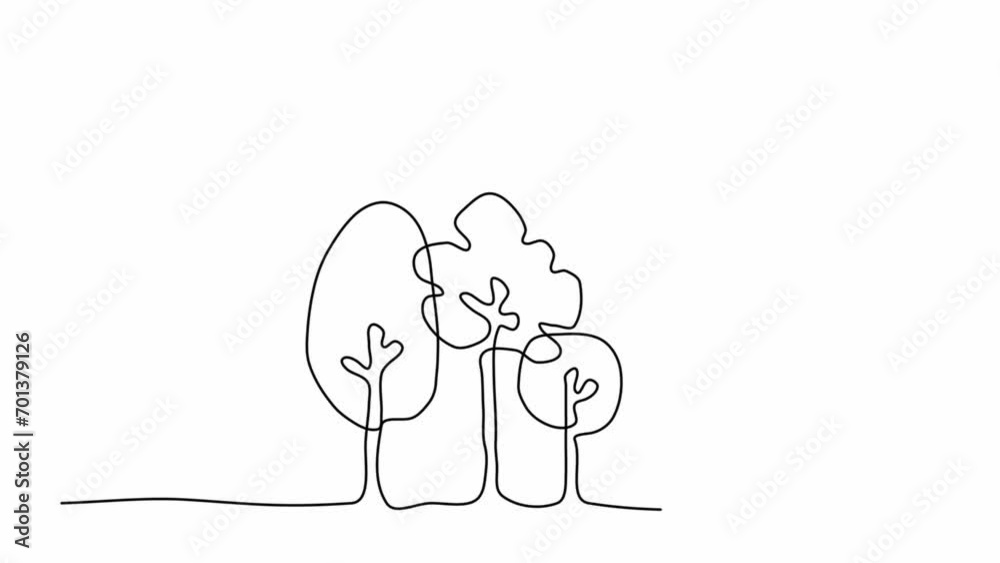 Animation in continuous line style. Moving outline art with set of different trees with leaves and branches. Plants from forest or woodland. Linear graphic animated cartoon on white background. Animation in continuous line style. Moving outline art with set of different trees with leaves and branches. Plants from forest or woodland. Linear graphic animated cartoon on white background.