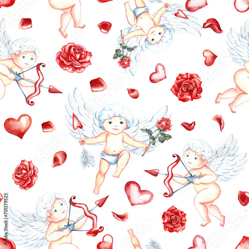 Seamless pattern with cute cupids with bow, arrows, hearts and roses. Hand-drawn watercolor illustration. For Valentine's day and wedding. For postcards, textiles, wrapping paper, packaging.