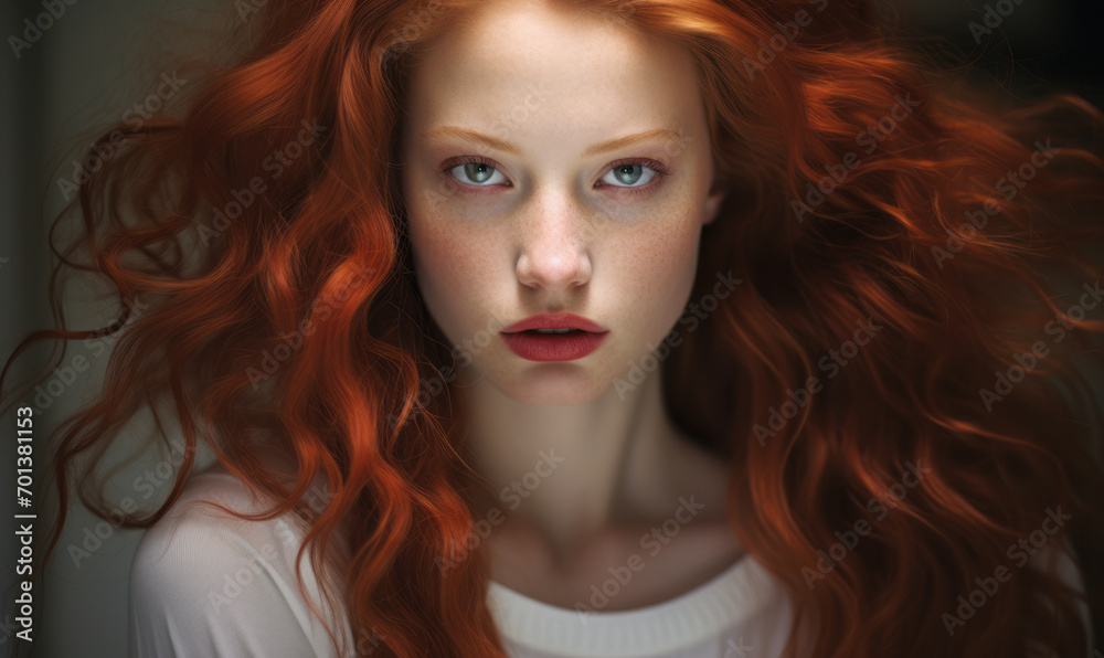 Ethereal Woman with Flowing Red Hair and Porcelain Skin, Gazing Intently, Exuding a Surreal and Dreamlike Essence Ethereal Woman with Flowing Red Hair and Porcelain Skin, Gazing Intently, Exuding a Surreal and Dreamlike Essence