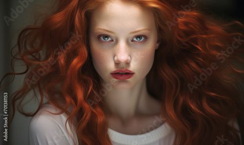 Ethereal Woman with Flowing Red Hair and Porcelain Skin, Gazing Intently, Exuding a Surreal and Dreamlike Essence