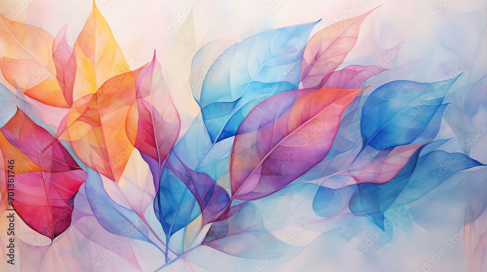An artistic interpretation of leaves in abstract form, with a burst of colors and dynamic shapes, evoking a sense of organic beauty  Ai Generative