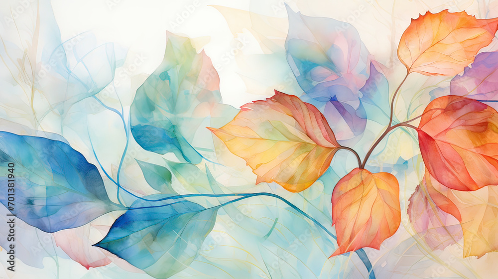 An artistic interpretation of leaves in abstract form, with a burst of colors and dynamic shapes, evoking a sense of organic beauty  Ai Generative