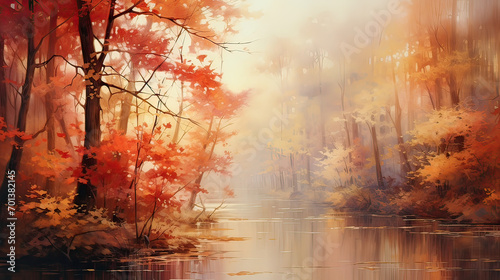 An autumnal scene with leaves in shades of red, orange, and yellow, gently falling against a soft, blurred forest backdrop Ai Generative