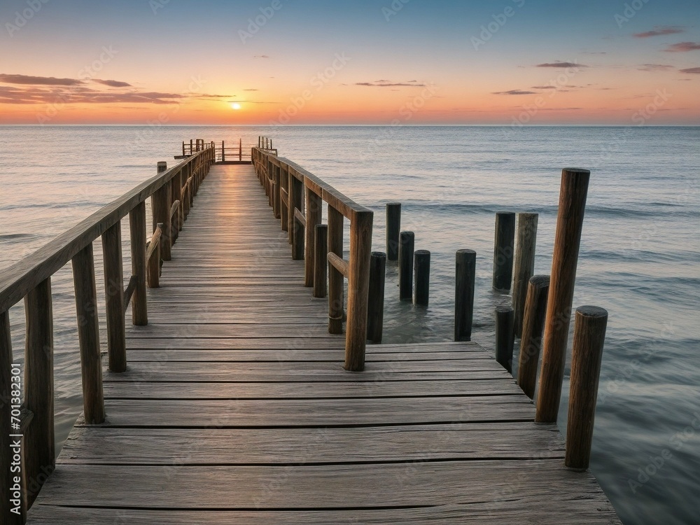 Wooden pier on the beach at beautiful sunset in the evening