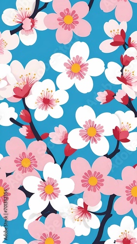 Fantasia Floreale in Stile Grafico , motivo floreale molto colorato con rami che presentano fiori di diverse dimensioni e colori photo