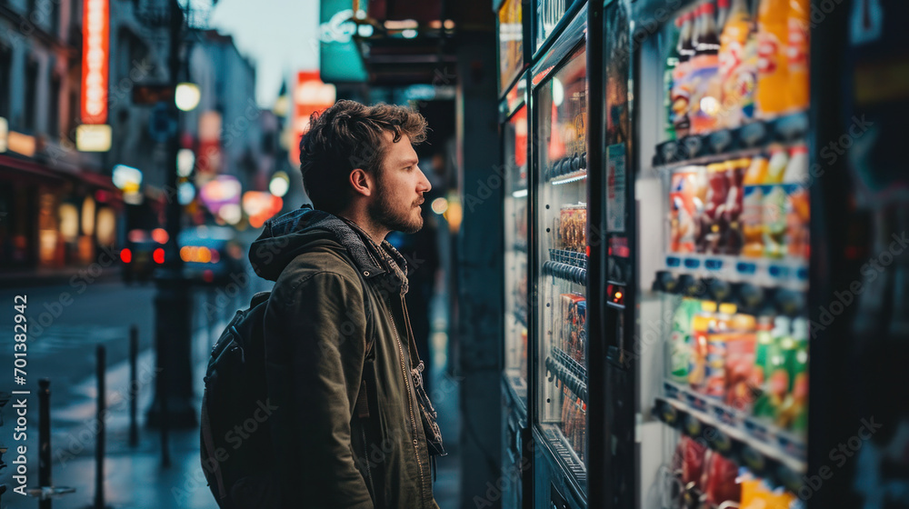 Man buying food from automatic vending machine. Male selects an item from street vending machine late at night.