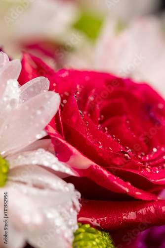 a bouquet of mixed flowers in close-up