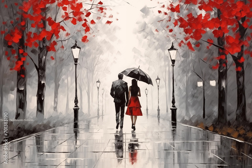 Fotobehang Oil painting of a couple under an umbrella walking down the autumn avenue