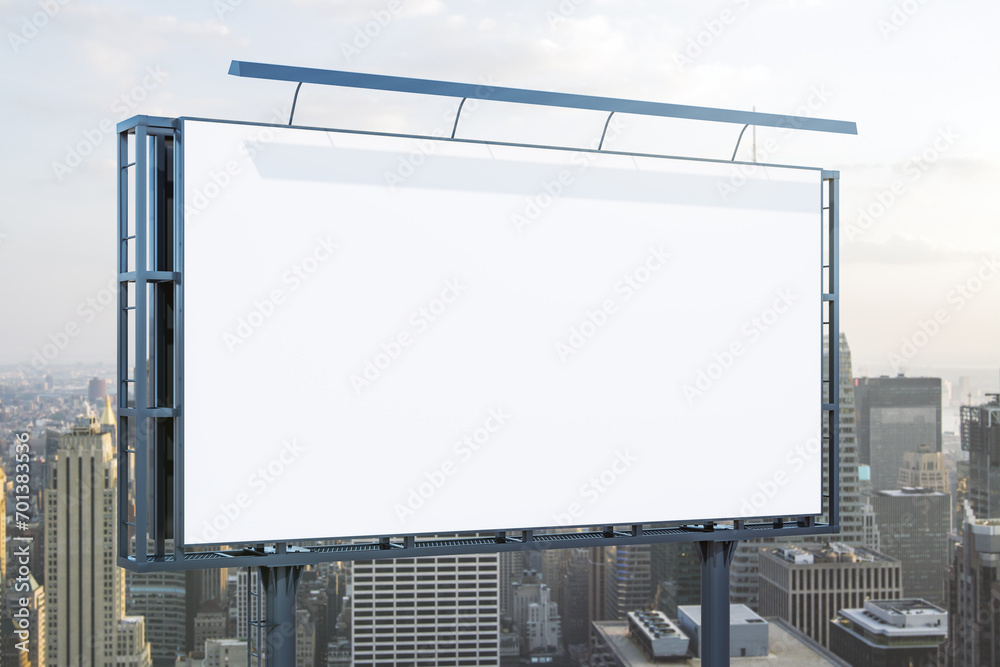 Blank white horizontal billboard on skyline background at daytime, perspective view. Mock up, advertising concept Blank white horizontal billboard on skyline background at daytime, perspective view. Mock up, advertising concept