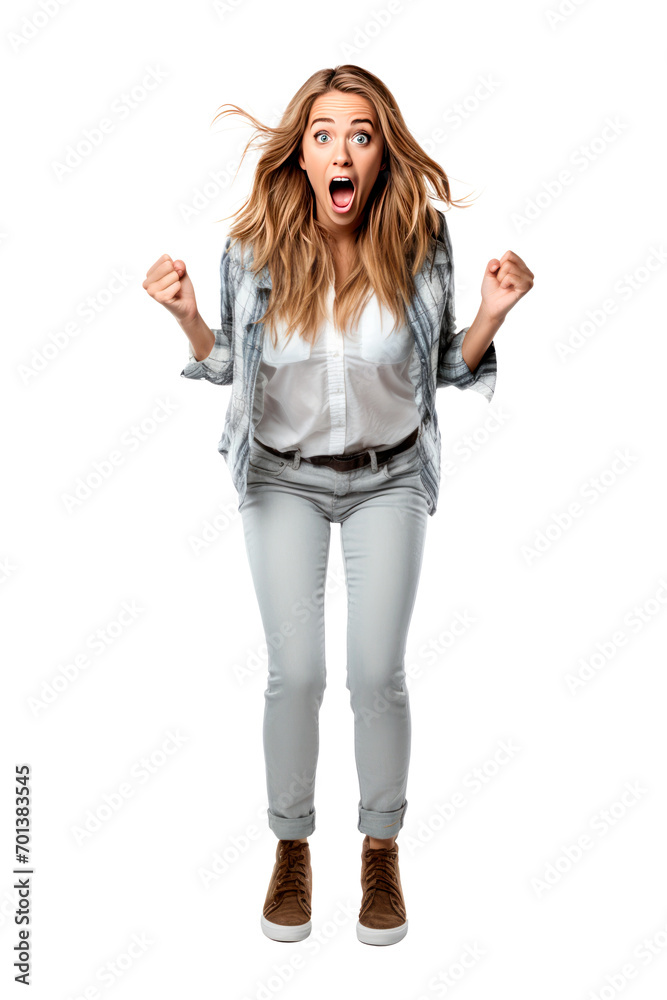 Full length portrait of surprised woman isolated on transparent background. AI generated. PNG Full length portrait of surprised woman isolated on transparent background. AI generated. PNG