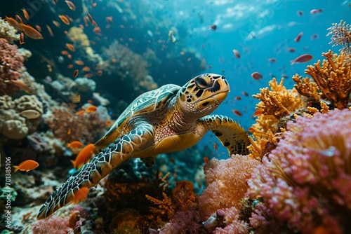 Sea turtle in coral reef swim to water surface. Marine Tortoise portrait © Sriampron