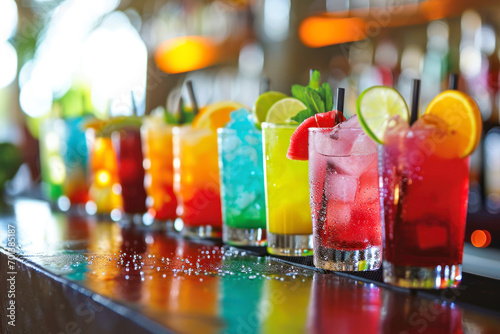 Colorful cocktail lineup, an image featuring an array of vibrant and colorful cocktails, creating an inviting and festive scene with copy space.