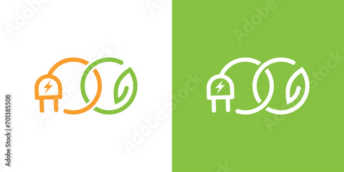 renewable infinity green plug leaf icon design template. Illustration of electric power energy charge button symbol with green leaf and plug.