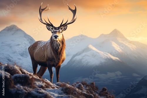 A composite picture of a red deer buck in Splendid Alpen Glow hitting summit points in Scottish Highlands during breathtaking Winter scenery sunrise.
