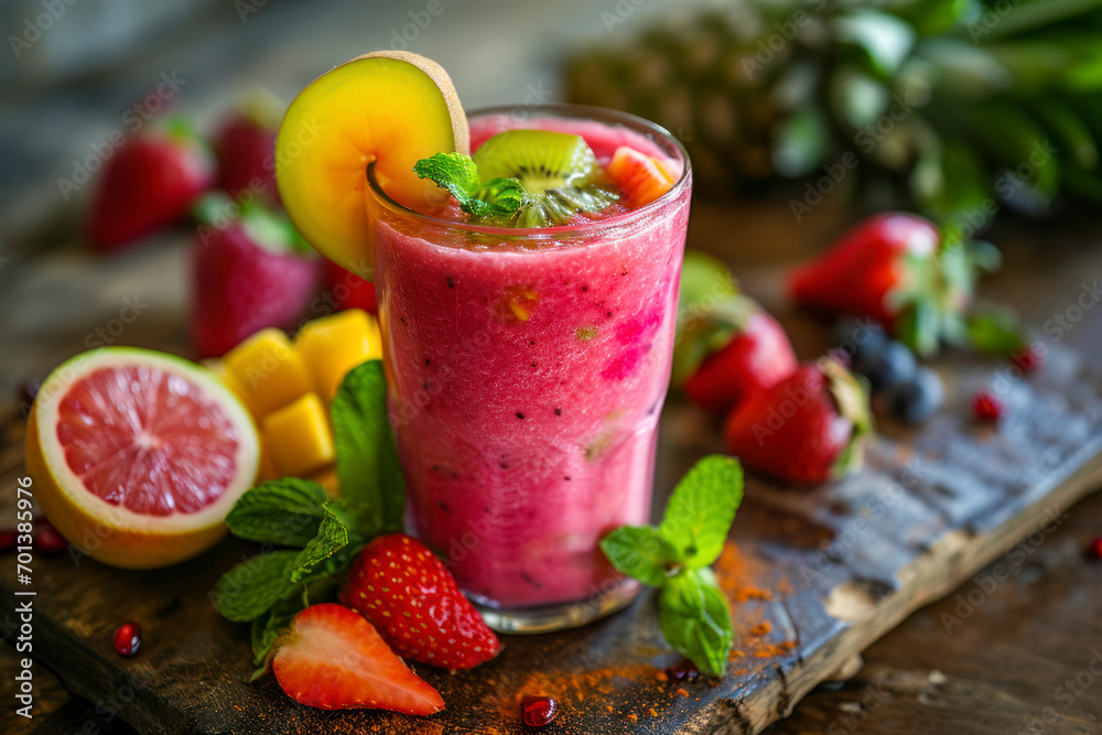 Exotic fruit smoothie, an image featuring a refreshing and colorful exotic fruit smoothie, creating an appetizing and healthy scene with copy space. Exotic fruit smoothie, an image featuring a refreshing and colorful exotic fruit smoothie, creating an appetizing and healthy scene with copy space.