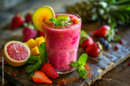 Exotic fruit smoothie, an image featuring a refreshing and colorful exotic fruit smoothie, creating an appetizing and healthy scene with copy space.