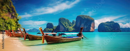Traditional wooden longtail boat and Thailand. Beach and sand in Krabi province. © Michal
