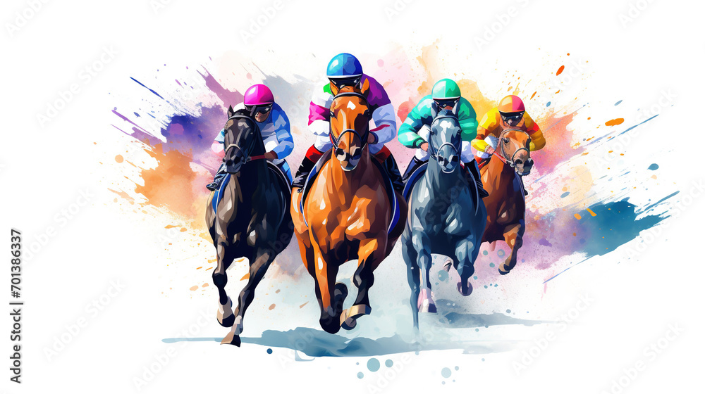 Three racing horses competing with each other. Hippodrome. Racetrack. Equestrian, A painting of horses with jockeys on them with one wearing sports game, Generative AI - obrazy, fototapety, plakaty 