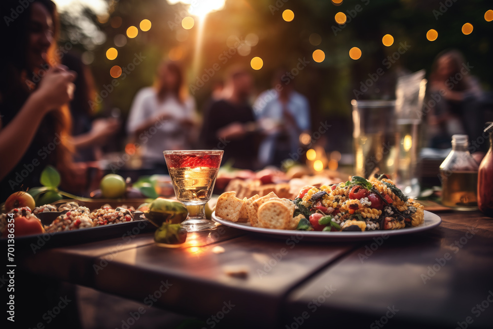 People in blurry background having a outdoor party with buffet table with food and drinks People in blurry background having a outdoor party with buffet table with food and drinks