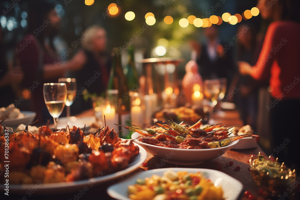 outdoor  table Setting. Restaurant dining table with food and drinks and people in the background 