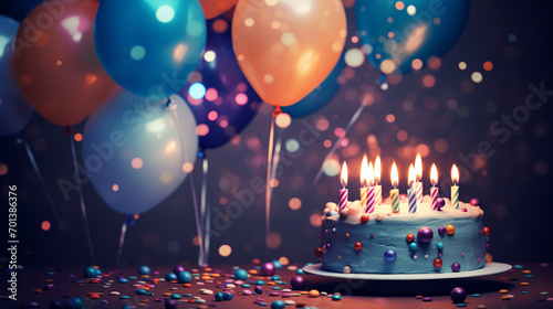 Beautiful happy birthday Background With Balloons cake Generative Ai photo