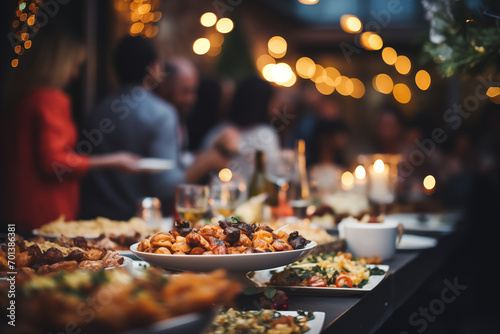 Restaurant dinner table with people in blurry background. 