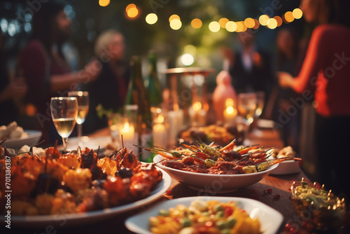 outdoor table Setting. Restaurant dining table with food and drinks and people in the background 