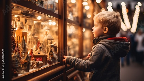 Young child gazes at festive d√©cor in store window on cold winter night. Traveler observes holiday trinkets and ornaments at classic Christmas fair. photo