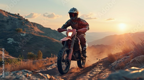 A male expert biker in complete motorcycle gear riding a rugged enduro bike on a mountain path at dusk, with a 3D rendered backdrop, representing the idea of fast-paced motorsport as a hobby.