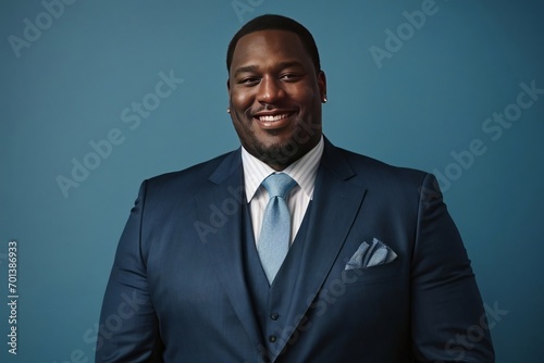 A fat black businessman in a suite smiling happily photo