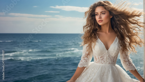 Beautiful girl in a elegance dress against the background of the sea