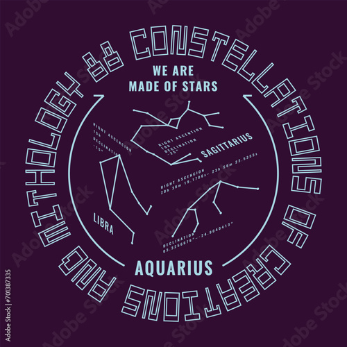 Typographic vectorel illustration of constellations theme. . T shirt graphics