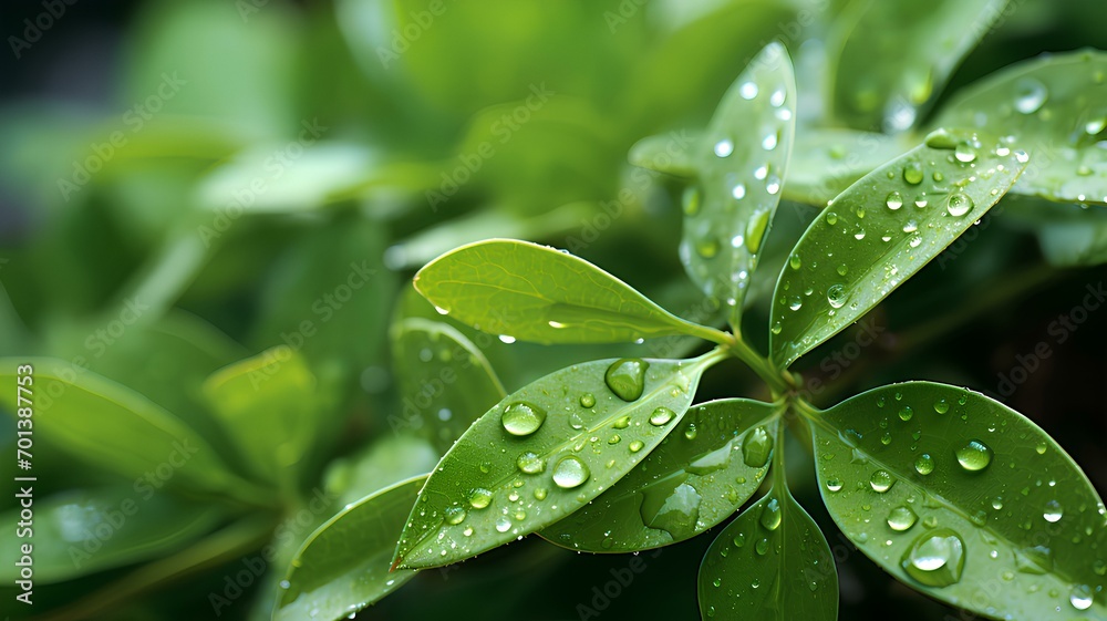Water drops on a green leaf. Generative AI. Water drops on a green leaf. Generative AI.