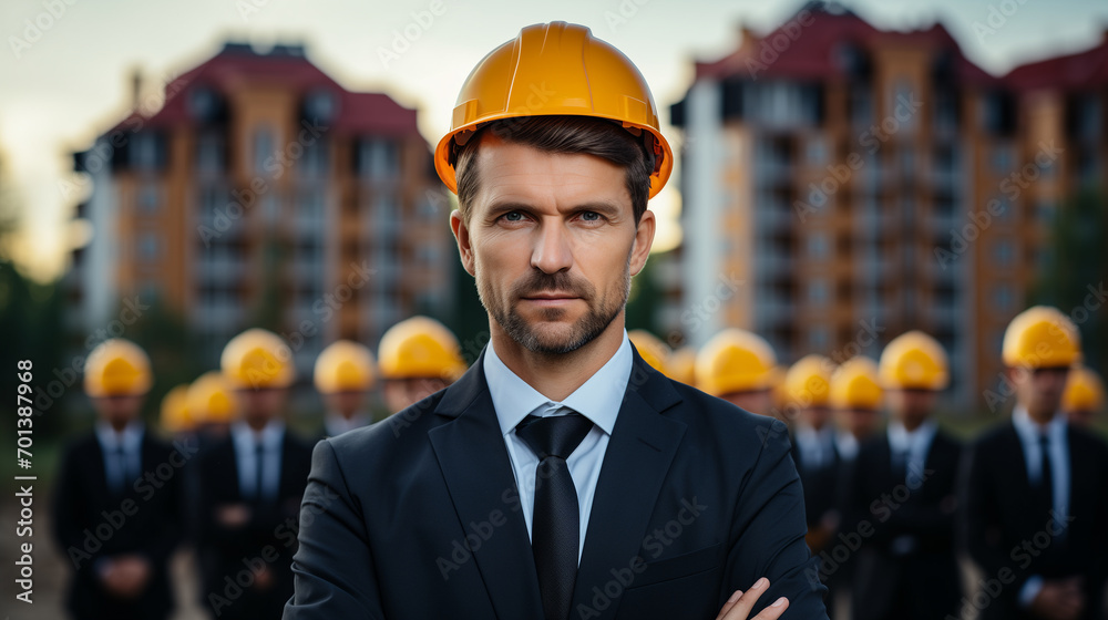 Portrait of a man builder in a helmet on the construction site, concept of civil engineering Portrait of a man builder in a helmet on the construction site, concept of civil engineering