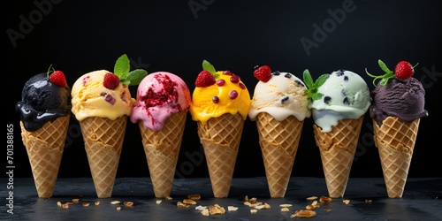 A selection of ice cream flavors including blueberry, strawberry, pistachio, almond, orange, and cherry displayed on a dark stone background, representing a menu for the summer season.