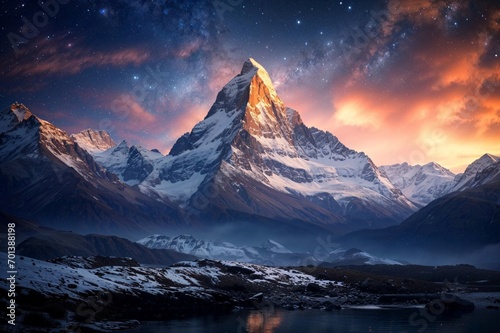 Mountain peaks with the starry sky above them. Beautiful night sky and landscape photography background.