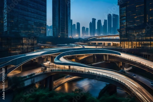 city at night, Overpass and modern architecture photographed in Chengdu at dusk stock photo