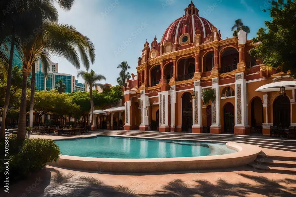 fountain and pool in the park, Ar Deco Plaza at Parque Mexico stock photo-