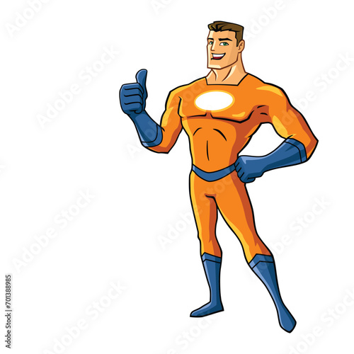 Superhero with thumb up without a cape cartoon mascot illustration character vector clip art hand drawn