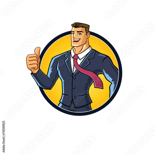 Businessman Superhero style with emblem cartoon mascot illustration character vector clip art hand drawn