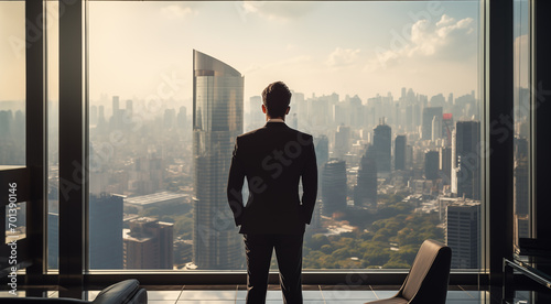 Businessman Ambition: Standing on Top of a City Building, Gazing at the Urban Skyline with Vision and Determination Embracing Business Ambition for Picturing Success or Embracing Future Opportunities