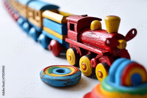 A colorful train toy with a colorful train track and train wheels. Generative AI © Bipul Kumar