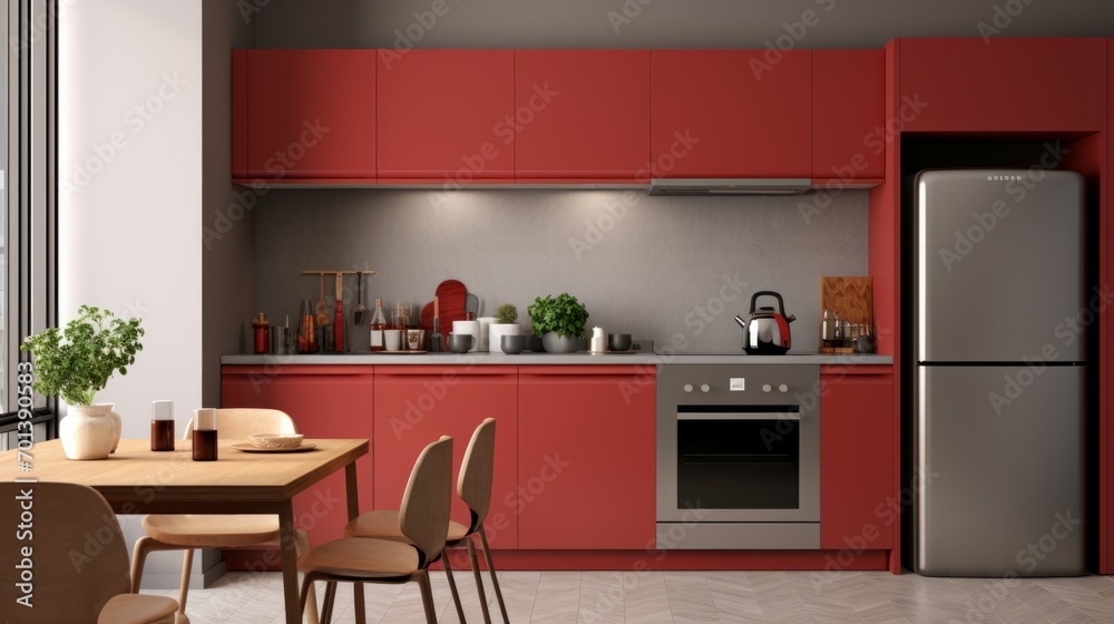 Interior of modern stylish red kitchen