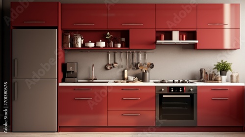 Interior of modern stylish red kitchen