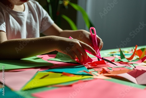 A child cutting a piece of paper with scissors. Generative AI