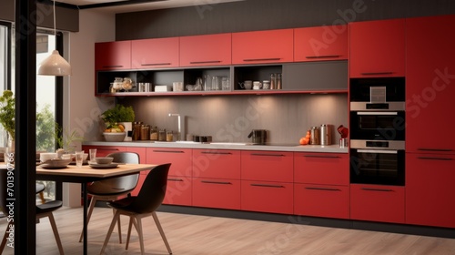 Interior of modern stylish red kitchen